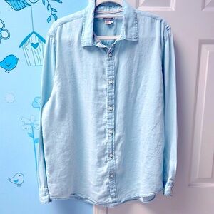 Carbon2Cobalt 100% Linen Light Blue White Long Sleeve Buttons Up Shirt Men’s L !